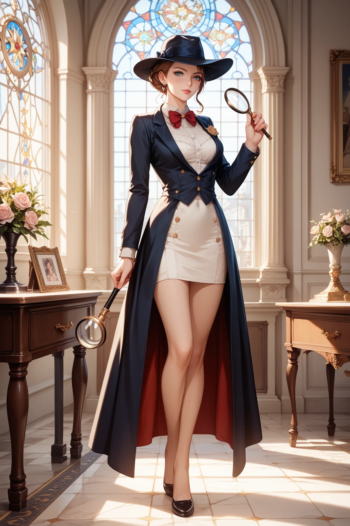 uncensored, (((masterpiece))), (((best quality))), ((ultra-detailed)), (highly detailed CG illustration), ((extremely delicate and beautiful)), cinematic light, ((girl)), solo, (full body), sexy, (detective), (clue), (investigation), (holding magnifying glass), (character focus)