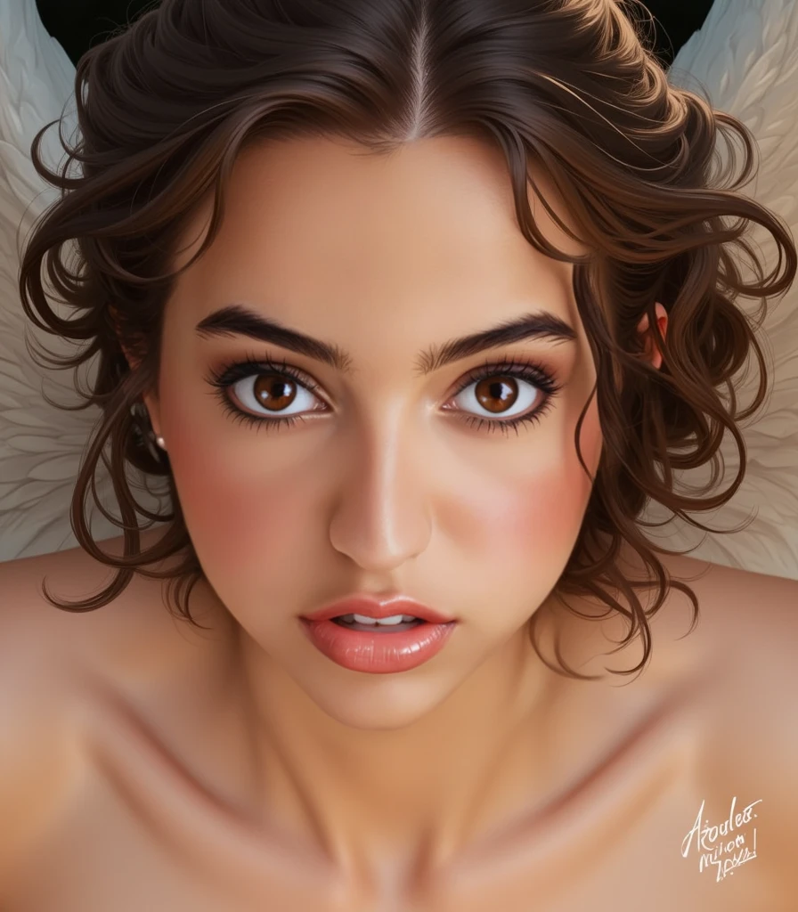 Up close portrait of a female angel, d & d, face, fantasy, intricate, elegant, highly detailed, digital painting, artstation, concept art, smooth, sharp focus, illustration, art by artgerm and greg rutkowski and alphonse mucha. Fully ????? with ????????????