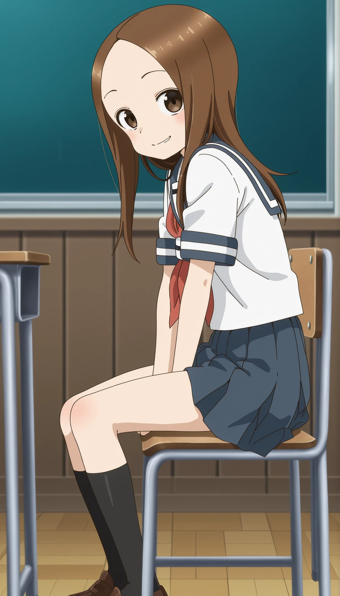 anime screencap, score_9, score_8_up, score_7_up, source_anime,BREAK,(nsfw:1.5),takagi-san, 1girl, solo, long hair,BREAK, school uniform, white serafuku, blue sailor collar, red neckerchief, short sleeves, blue pleated skirt,black kneehighs, Brown Loafers,BREAK,sitting chair,BREAK,evil smile,BREAK,cowboy shot,looking at viewer,from side,indoor,classroom