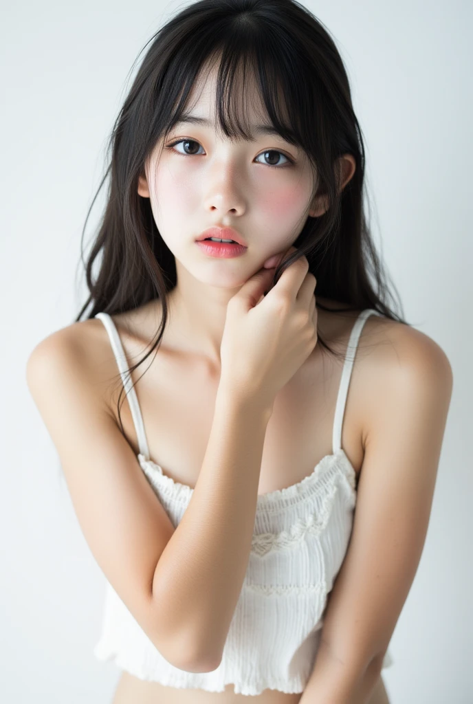 (top-quality,masterpiece:1.3,超A high resolution,),(ultra-detailliert,Caustics),(Photorealsitic:1.4,RAW shooting,)Ultra-realistic capture,A highly detailed,High resolution 16K human skin close-up。 Skin texture is natural、,The pores are、Must be detailed enough to be easy to identify。 Skin should look healthy with even tones。 Use natural light and color, a woman with a white tank top and black hair posing for a picture, girl cute-fine-face, with cute doting eyes, beautiful japanese girls face, beautiful japanese woman, young cute wan asian face, with cute - fine - face, lovely delicate face, japanese girl, cute natural anime face, beautiful young japanese woman, young adorable japanese face