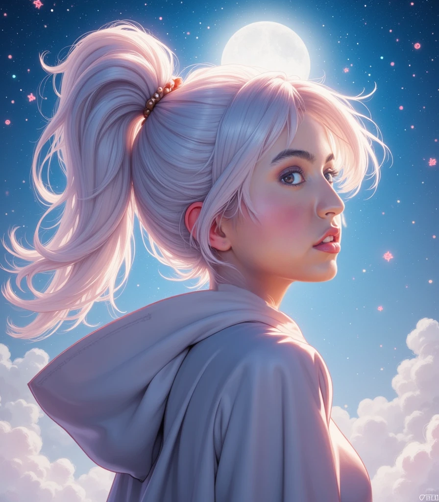 Masterpiece, (Best Quality: 1.2), (Super Fine: 1.2), Illustration, (Extremely Delicate and Beautiful: 1.2), Film Angle, Floating, (Beautiful Detail Eye: 1.1), (Detail Light: 1.1), Film Lights, Delicate Sky, Woman, White Hair, brown Eyes, (High Ponytail: 1.1), Cloak, Glowing Eyes, (Moon: 1.2), (Moonlight: 1.1), Starry Sky, (Light Particles: 1.1), Fog , snow painting, sketching, blooming