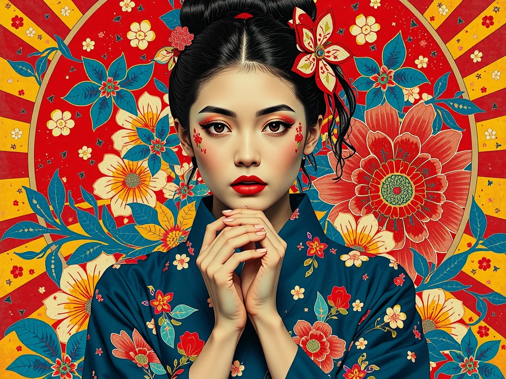 super detailed , absolute resolution , masterpiece , symbolic patterns of Japanese art , girl with her hands tied,  patchwork  , pop art fusion , psychedelic art and collage , cubist painting style , conceptual installation art 