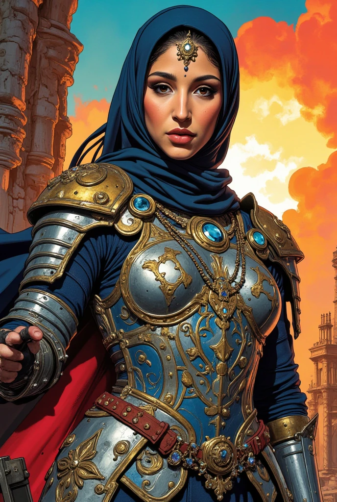 Sexy muslim female knight. Orientale muslim armor. A lots of jewelry. Comic book art style. 