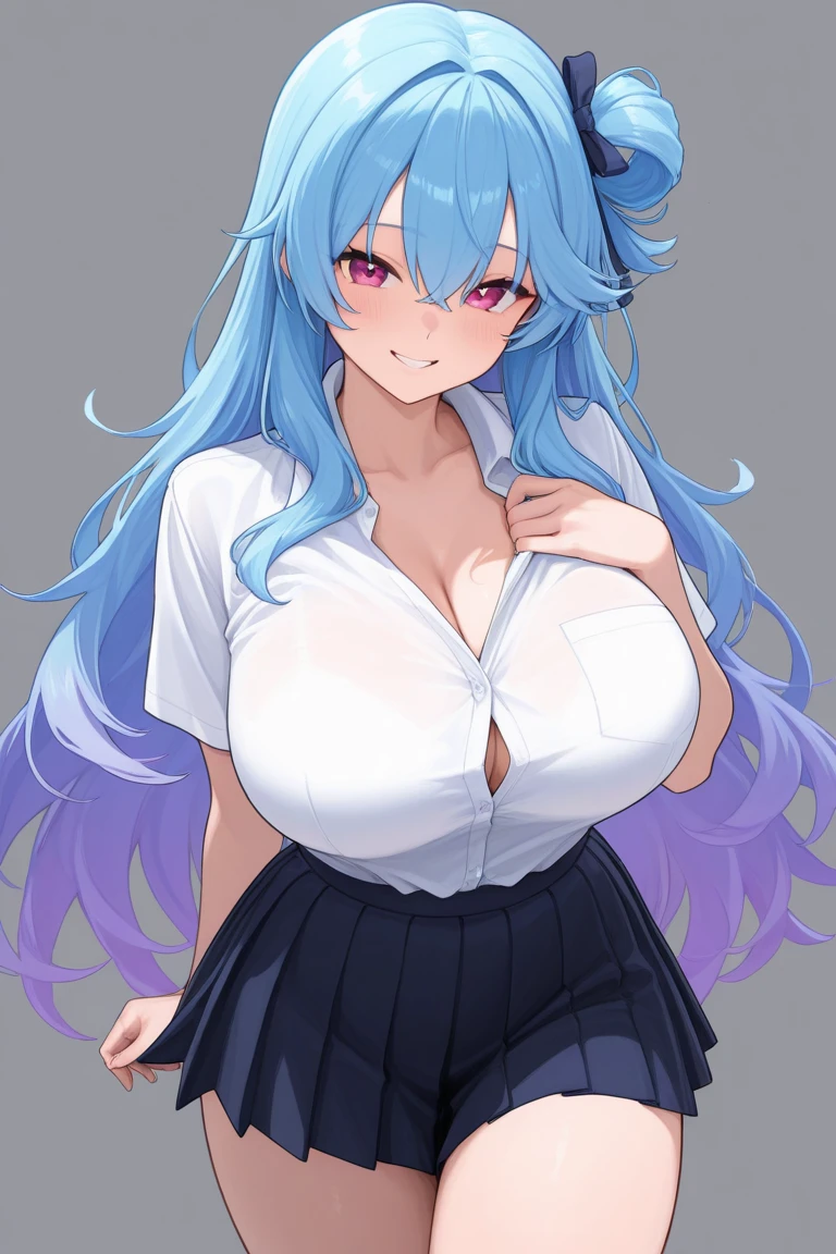 ((masterpiece)), ((highest quality)), (Very detailedな), ((cute)), cute, (Lovely), ((sexy)), ((Very detailed)), 4K, (8k), highest quality, (beautiful), figure, Anime Style, (Bold Line:1.2), Gradation, Cowboy Shot, cute女の子, One girl, (alone:1.2), //, (Embrace your chest), (Arms crossed), (Leaning forward), //,  School-based, Blazer Type, The top button is undone, A low-cut white shirt that shows off her cleavage, A short skirt with a hint of underwear, //, big breasts, Thin legs, Udder sags, Perfect Eyes, Perfect Iris, //, (Half closed eyes:1.4), (sexual expression:1.2), Captivating look,  (Grin:1.2), Grin, (blush:1.2), //, Long Hairstyles, Blue-violet hair color, (beautiful目) //, 学校のfigure書館の奥の本棚の間, Quiet and empty