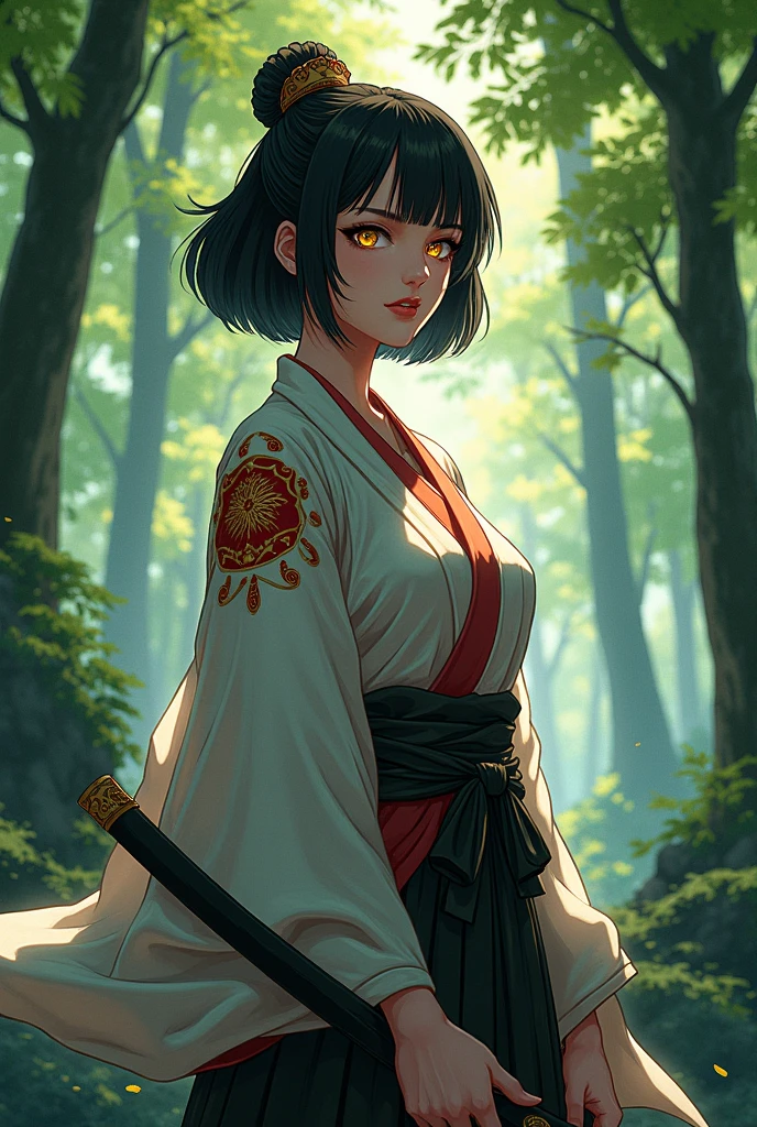 A female with short black hair and golden eyes, stands in the forest, wears Japanese clothes and carries a sword, anime 