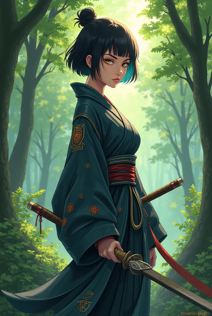 A female with short black hair and golden eyes, stands in the forest, wears Japanese clothes and carries a sword, anime 