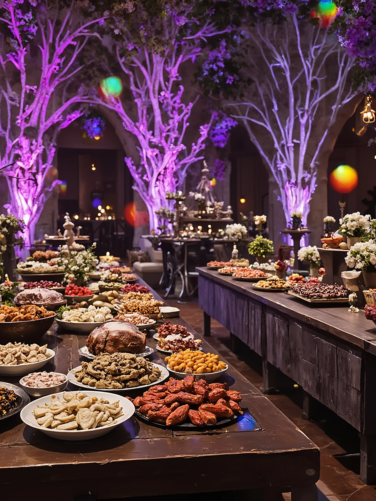 chic and magical wedding party hall with several luxurious tables and unlimited food on a large table, full of sweets, chicken, and next to a wine fountain illuminated by magical lights and with walls of dense white trees, beautiful nature design night venue, wedding party, luxurious hall