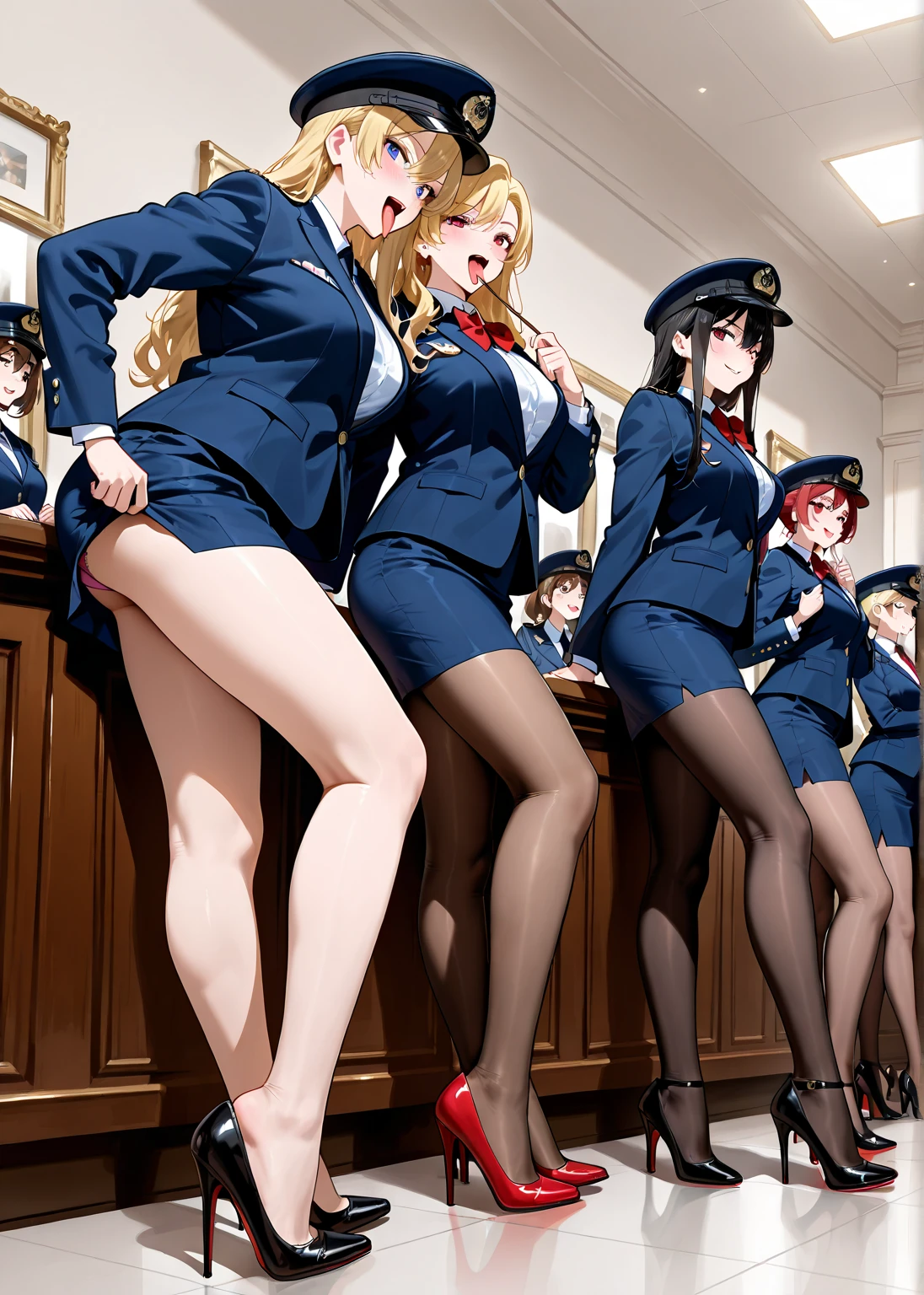 ((best quality)), ((masterpiece)), (detailed), perfect face Flight attendant wearing cap, bowtie, gloves and long sleeve tuxedo leotard squatting barefoot. Painted toenails