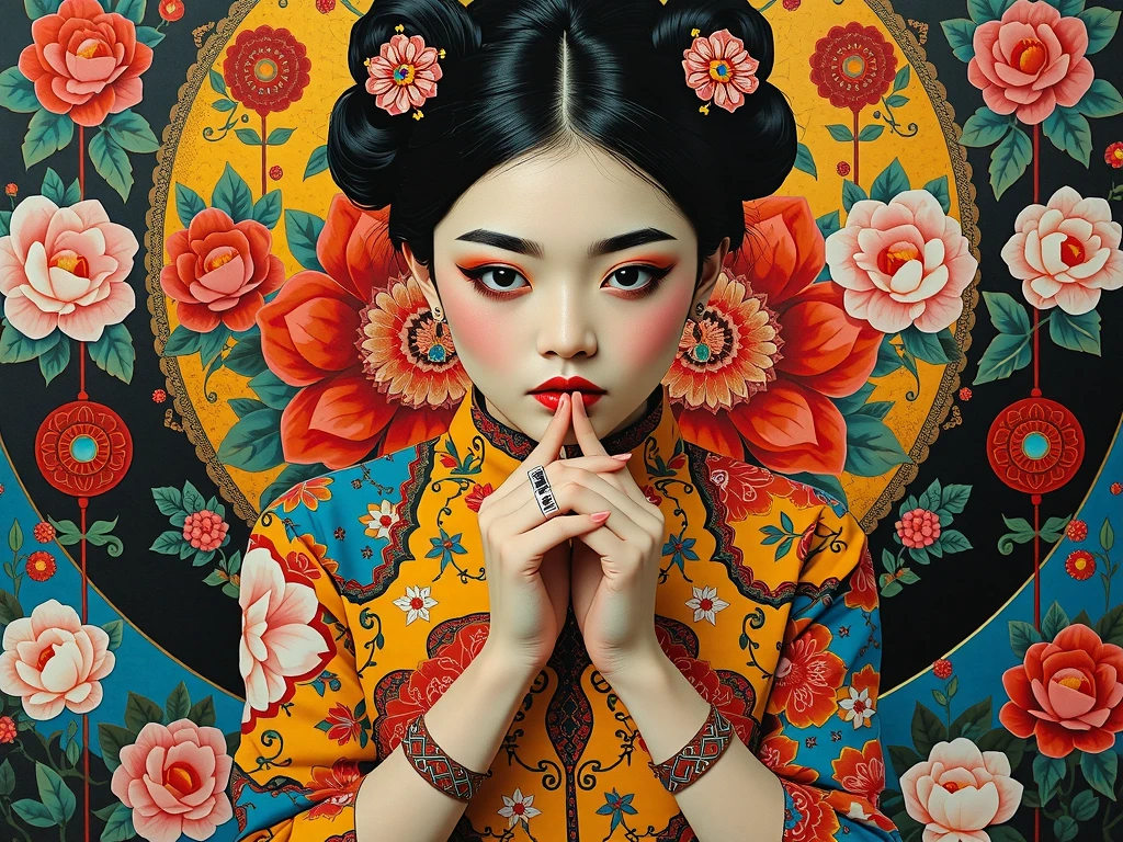 super detailed , absolute resolution , masterpiece , symbolic patterns of Chinese art , girl with her hands tied,  patchwork  , pop art fusion , psychedelic art and collage , cubist painting style , conceptual installation art 