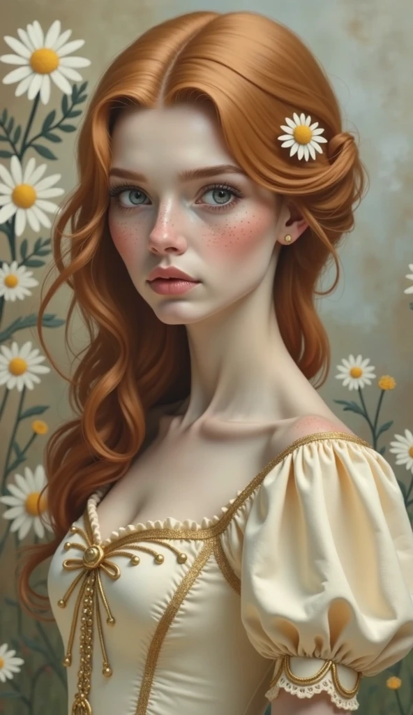 A realistic portrait of a 25 years old woman, with red hair in soft waves, light blue eyes, adorned with freckles, wearing a princess cream coloured dress with a honey coloured bodice with golden embroderies, a small golden daisy clip in the hair, a daisies fantasy wall in background, large sweet eyes, parted lips, 