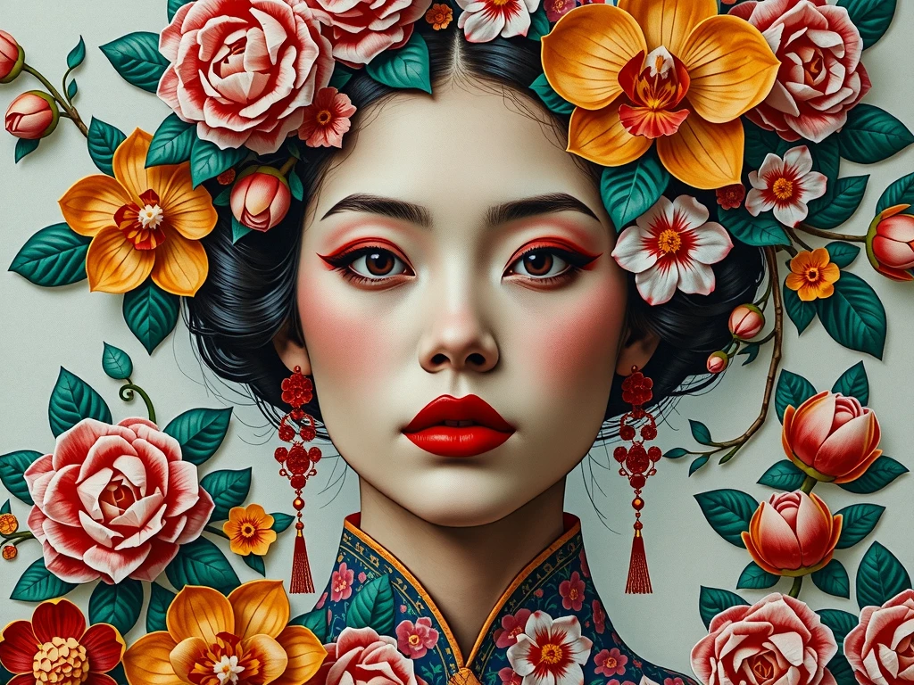 super detailed , absolute resolution , masterpiece , symbolic patterns of Japanese art , orchid and rose girl,  patchwork  , pop art fusion , psychedelic art and collage , cubist painting style , conceptual installation art 