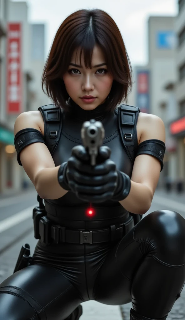(masterpiece,Distinguished Quality,Mirror-like,Cinematic Experience,insanely detailed,absurdres),8k,wallpaper,,(Best illustrations:2.0),(One Woman:2.0),(Motoko Kusanagi:2.0),(Ghost in the Shell-style worldview:2.0),(Black tactical bodysuit:2.0),(Heavy black bulletproof vest:2.0),(Black gloves:2.0),(Short Bob:2.0),(Beautiful Eyes),(Detailed face),(Detailed female hand drawing:2.0),(sexy:2.0),(He kneels down and aims a pistol at me.:2.0),(Raise your right knee:2.0),(The background is Tokyo, where science and technology have developed.:2.0),(Drawing in monochrome:2.0),(sf:2.0),(A pistol with a laser pointer under the muzzle:2.0),(Point the red laser pointer on your pistol at me:2.0)