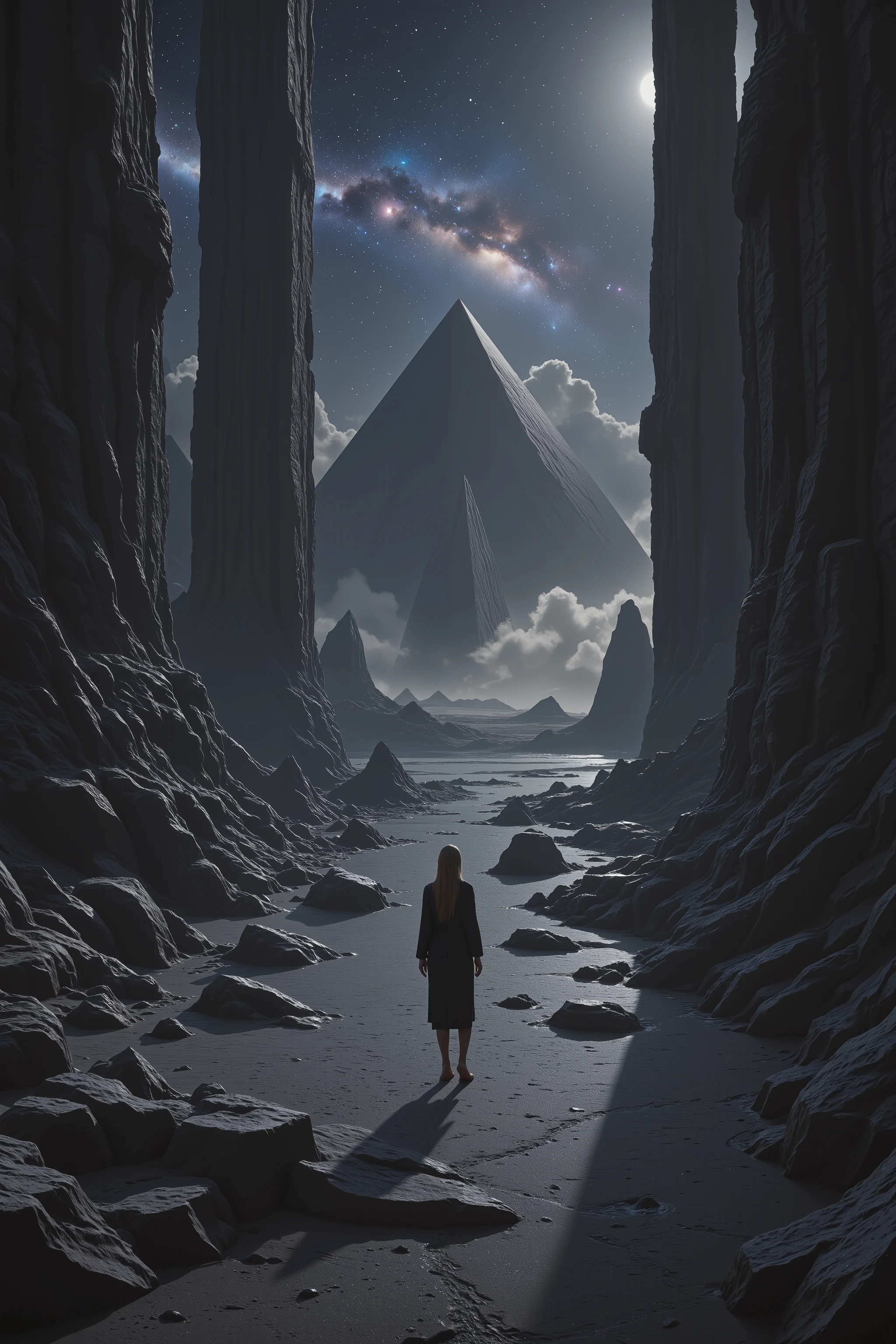 woman, Panoramic shot, you can see everything, the pyramids are partially flooded, a beautiful and creepy world in which you want to stay, calling to yourself every night, An ancient alien world, scattered stars, nebulae and galaxies are visible in the sky, huge black pyramids towering over the landscape, black sand, the sea next to the pyramids, photography in full height, the whole body is visible, (pyramids of black obsidian:1.1), rays of light, light graphics, sacred geometry, surreal futurism, breathtaking full-length view, fine details, perfect lighting, (best shadow), A cinematic composition with bright colors and exquisite details, realistic lighting using a special light source that conveys the atmosphere. atmosphere. the intrigue and beauty of the night world, eerie and otherworldly mood, a sense of hidden mystery and danger in the shadows, ray tracing, 16K, UHD, masterpiece, award-winning, hyperrealism and high dynamic range, (HDR), realistic lighting, unforgettable, impressive, breathtaking beauty, epic mysterious scene, intricate details, the mood is creepy and otherworldly, with a sense of mystery and danger. A photograph of a dark and disturbing scenario influenced by the works of H.R. Giger and H.F. Lovecraft is a disturbing work of art, the landscape is dotted with black rocks, grotesque fantasies of H.R. Giger.
