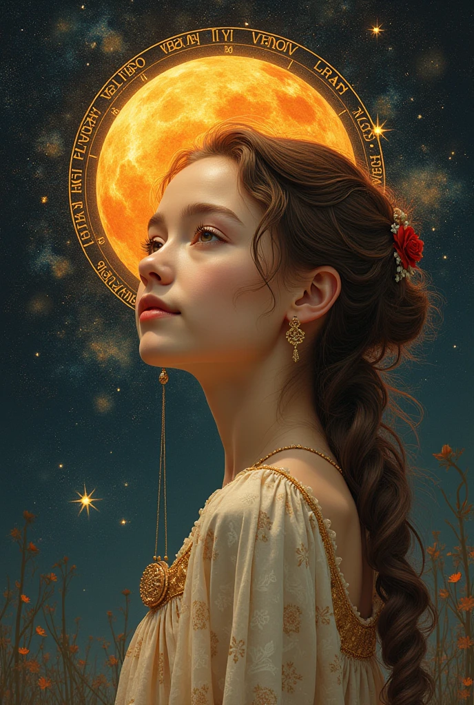 Image of a girl with the sun and Venus in the 11th house, sun opposition Pluto, sun square moon, Venus square Mars, Moon in Pisces in 8th house, moon square pluto, Ascendant in Leo, ascendant opposition neptune, ascendant trigon pluto