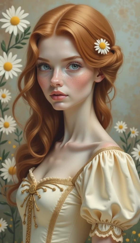A realistic portrait of a 25 years old woman, with red hair in soft waves, light blue eyes, adorned with freckles, wearing a princess cream coloured dress with a honey coloured bodice with golden embroderies, a small golden daisy clip in the hair, a daisies fantasy wall in background, large sweet eyes, parted lips,