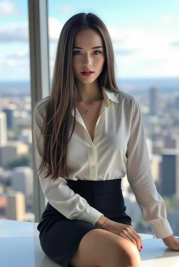 (innocent and cute girl:1.3), (Wearing Luxury business suit: 1.2), (Light black tights), ((zettairyouiki:1.3)), (high ponytail hairstyle, light brown hair, wavy hair), medium big breasts, (sitting cross-legged in an office chair:1.4), (in the entrance of Office), (Selfie pose on Instagram:1.2), From above, break, (masterpiece: 1.3), (maximum resolution: 1.2), (Ultra HDTV: 1.2), cinema light, Ultra HDTV, (fine eyes and skin:1.2), (detailed facial features), HDR, 8K resolution, sharp focus: 1.2, perfect style, beautiful face, beautiful feet, Accurate, anatomically correct, Highly detailed face and skin texture, fine eyes, brown eyes, double eyelid, thin eyebrows, glitter eyeliner, natural cheeks, Fair skin: 1.2, earrings, without a shiny little necklace, (glossy lips: 1.4),