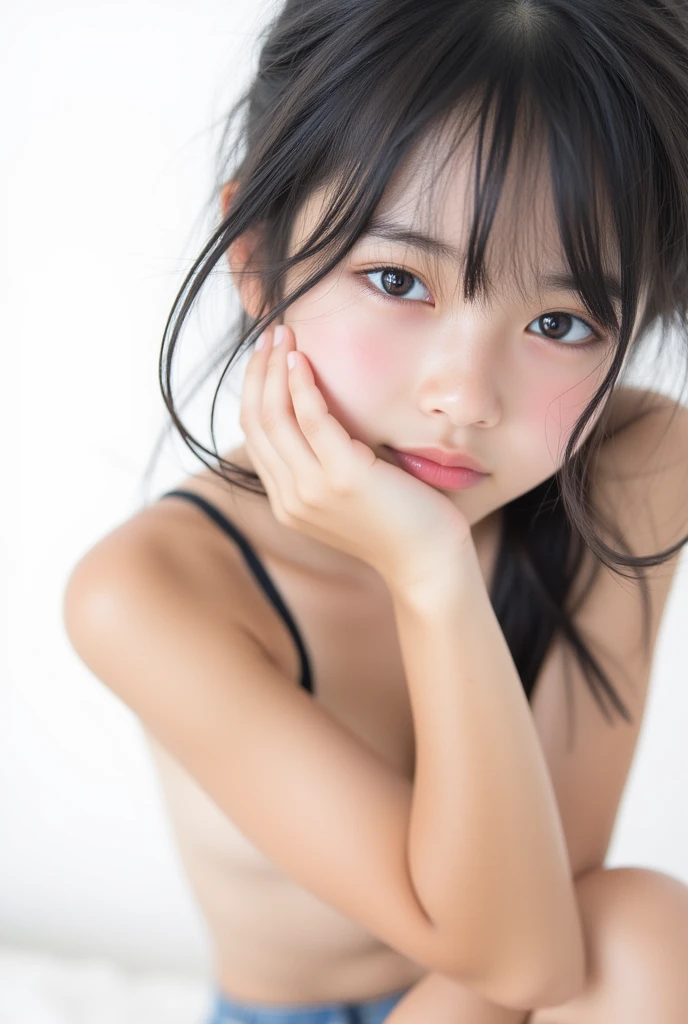 (masterpiece, best quality:1.5), from above, (upper body:1.4), violaceaess, rosaceaess, sitting, close up, thin arms, very thin waist, 8k, 50mm portrait, 18yo, raw photo, absurdres, cute face, delicate girl, (light blue small bikini:1.2), DSLR, shiny skin, youthful, facelight, cinematic lighting, diffused lighting, (lens flare:0.8), film grain, chromatic aberration, (extremely detailed eyes and face:1.2), bathroom, (simple background:1.8), (humid:1.5)
