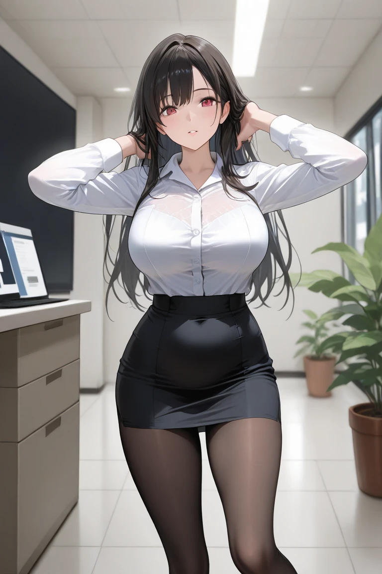 from above,1 girl,black long hair,large breasts,red eyes,surprised,wide hips,curvy,glasses,black suit,miniskirt,black pantyhose,white panty,laing on back,The folder on the floor,living room