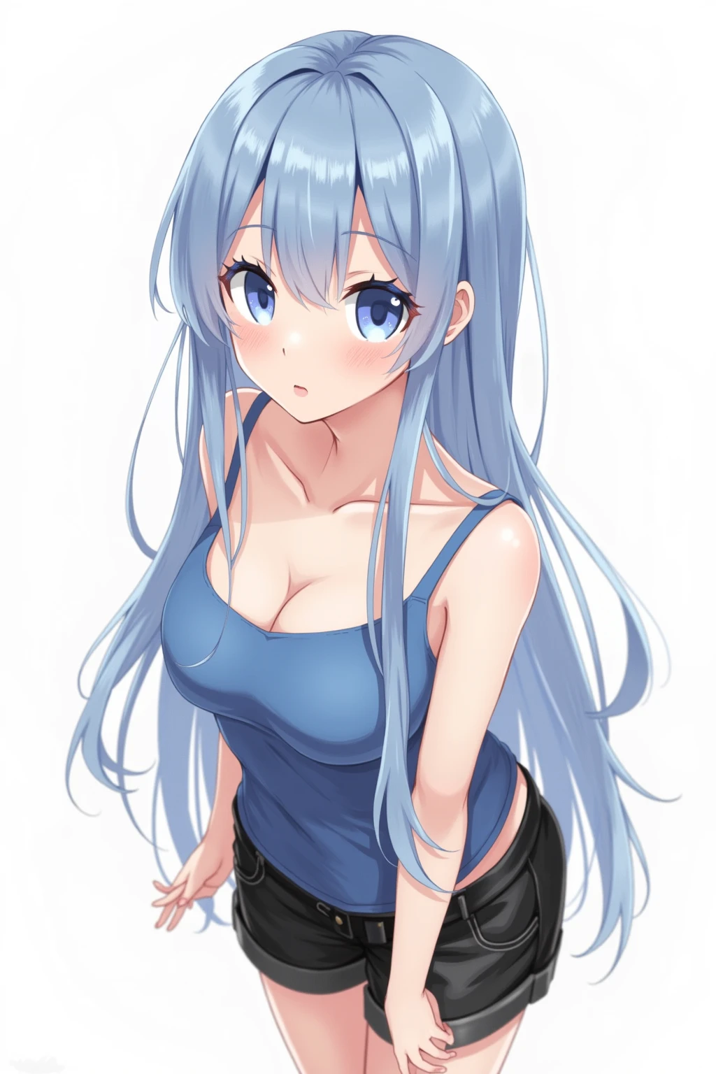 a junior high school girl with long, thin, light blue hair that reaches her waist。she has large expressive amber eyes、She has a gentle smile。The girl is wearing a navy blue swimsuit、she has water droplets on her translucent white skin as if she just came out of the pool。she is slightly hunched over、conveying a sense of shyness and curiosity。The background is solid white、the character is the central focus of the image。her hair is meticulously drawn in detail、her hair flows smoothly down her shoulders and back。The lighting is soft、giving the character warmth and approachability。