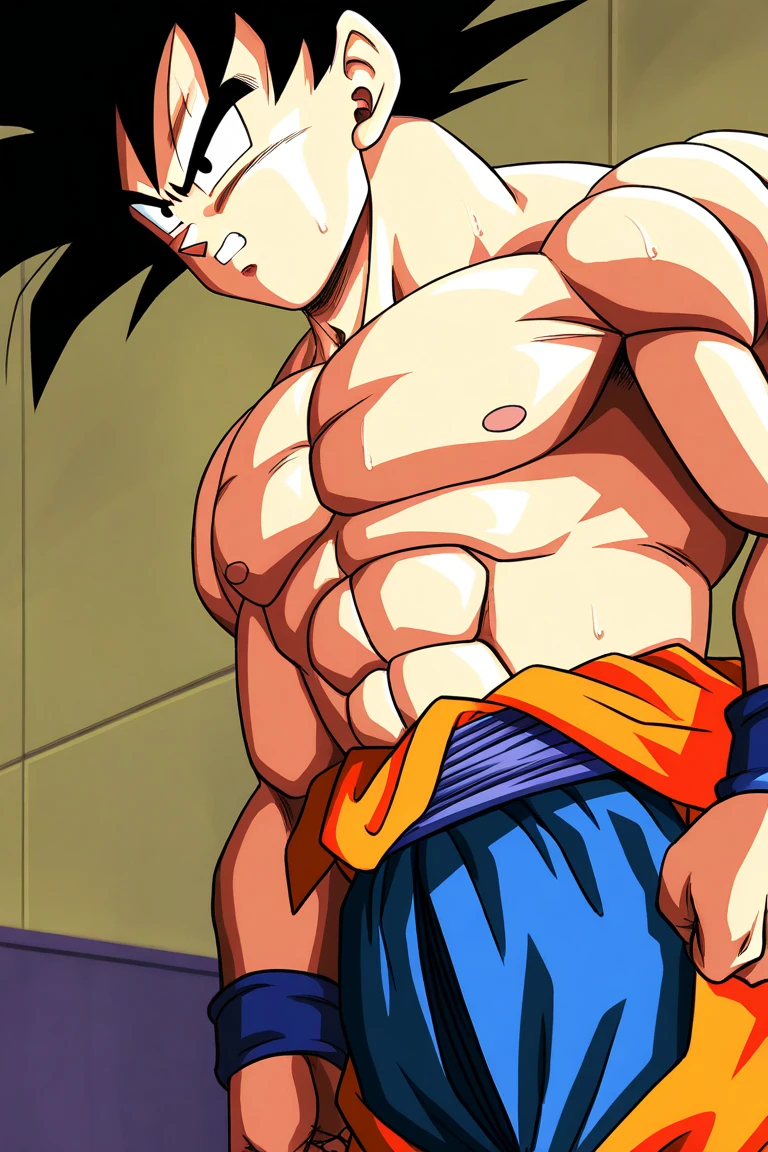 Goku , shirtless and with the top of the orange kimono thrown casually to the side, muscular and ultra-defined body, standing in a gym after intense anime-style, sweat shining on your skin, spiked black hair, calm expression, most powerful, anime style , detailed gym background , Dramatic atmosphere the anime style of the 90s, similar to the Dragon Ball Z, cores vivas, bold lines