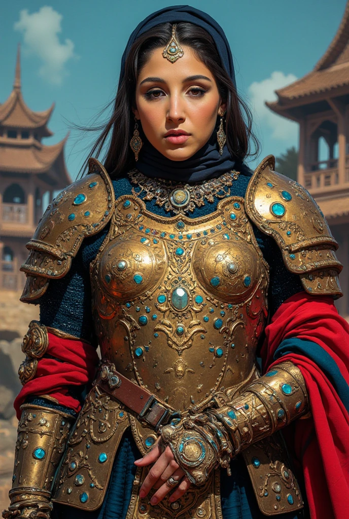Sexy muslim female knight. Orientale muslim armor. A lots of jewelry. Comic book art style. 