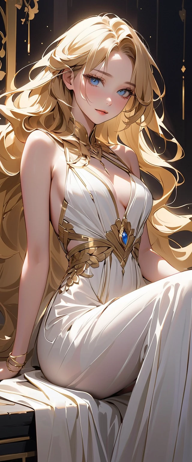 (masterpiece, top quality, very aesthetic, 4k、illustration), intricate detail, 1woman,solo,contrapposto 、(gradient eyes、tareme)、Strong glowing eyes、asymmetrical bangs,Fair skin,(cowboy shot)、beautiful women、Cleavage、light smile、(red lipstick),beautiful face、(gradient hair)、(blonde hair)、low ponytail、sidelock ,straight hair,green eyes、Evening Dresses、medium breasts、slender 、