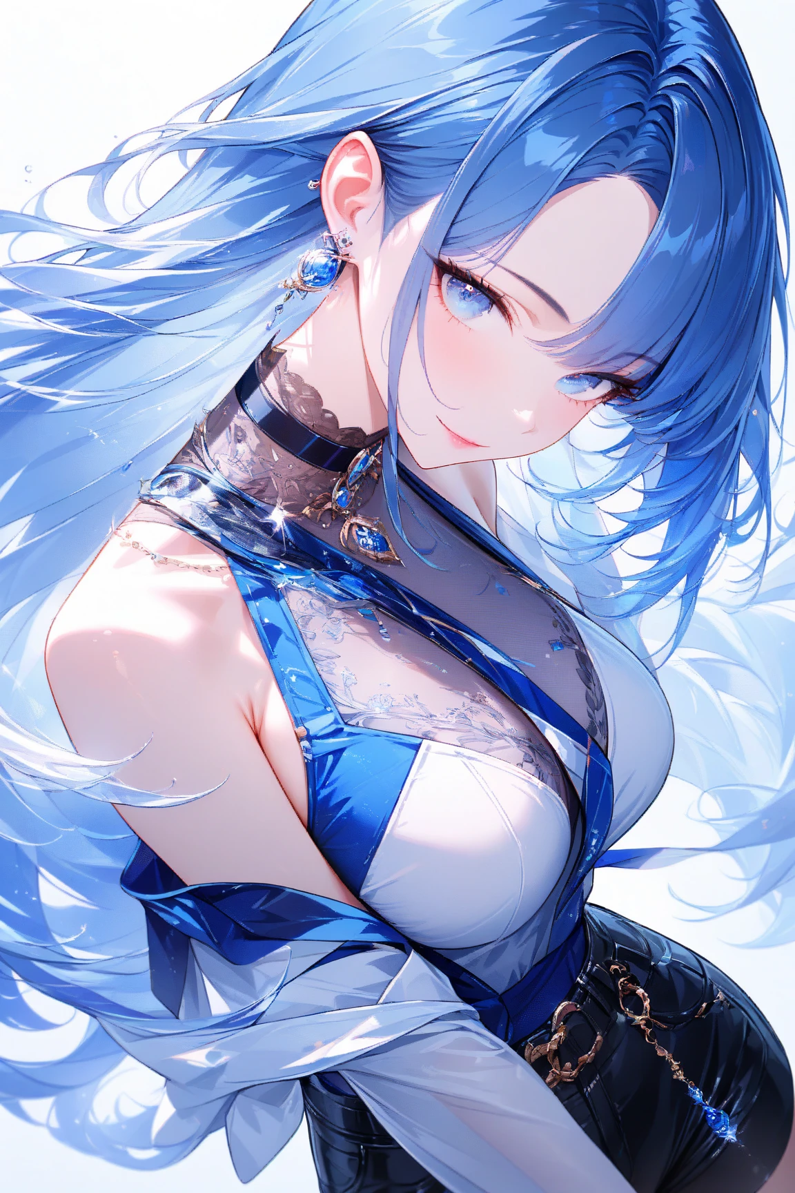 masterpiece, game CG, poster, highest resolution, official illustration, three-dimensional coloring, detailed Coloring, detailed description, artistic beauty, (1girl:1.2),(solo:1.2),facial features sharp Face,large_breasts,
Long, flowing pale blue hair, large, shimmering cerulean eyes, fair skin, delicate, metallic blue top with intricate ice shard patterns, high-waisted silver shorts with a subtle metallic sheen, soft, icy blue accents, intricate lace trim, gentle curves, translucent fabric overlay with delicate snowflake designs, delicate frosty blue ribbons, subtle gradients and highlights for a refined look.
