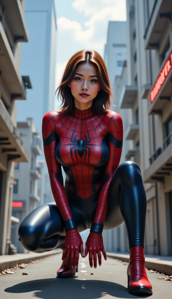 A woman in a Spider-Man costume poses for a photo, ( ( spiderwoman ) ), spidewoman, author:Kana Nezawa , alena aenami and artgerm, lara croft as spiderwoman, Masayoshi Suto and artgerm, spiderwoman!!, Range Murata and Artgerm, ilya kuvshinov and artgerm