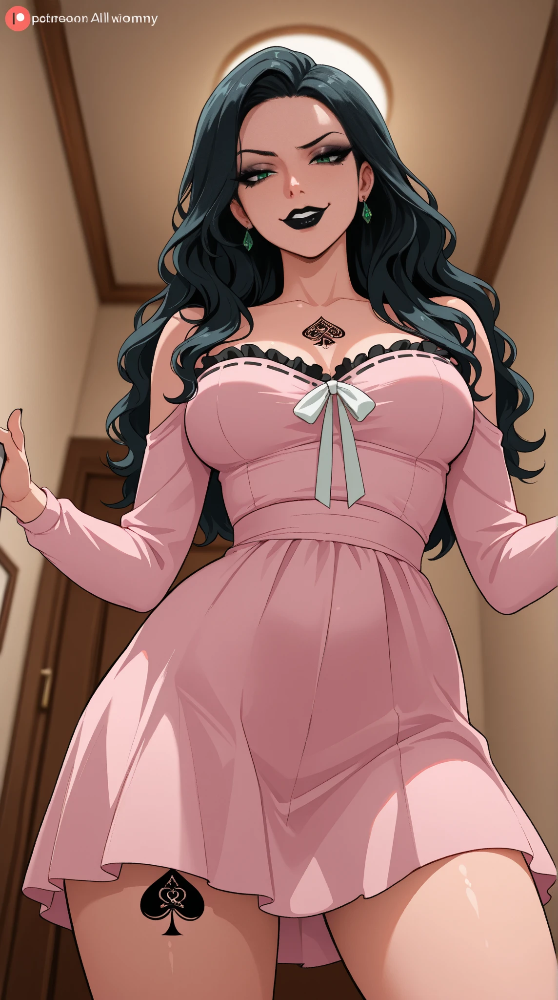 Draw a woman in a tight dress , voluptuous , physically attractive, purple eyes , DARK hair , light skin tone pink dress color pink shoes anime version,curly hair ,Wide hips