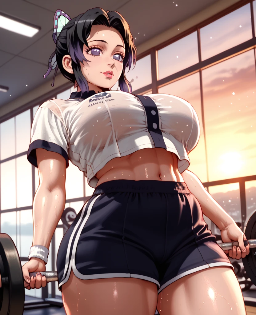 gym, workout, hot, sweating, sweaty, tan, big boobs, tan skin, flustered, blush, purple clothes, see thru, yoga pants, black hair, curvy woman, sexy, lifting, lifting heavy, closed eyes, eyes closed, clenching teeth, clenched teeth