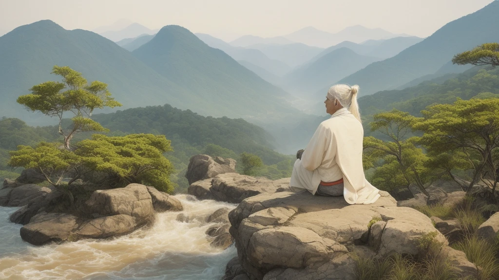 An elderly Eastern sage sitting calmly on the back of a buffalo, in a misty mountain valley with waterfalls and ancient pine trees. The sage has long white hair tied in a topknot, a long flowing white beard, and wise, serene  features with deep, thoughtful eyes, bushy white eyebrows, and gentle wrinkles of wisdom. He wears a flowing traditional robe in ivory or light beige, sitting in a peaceful, meditative pose. The buffalo stands by a stone path near a tranquil stream. Background includes misty cliffs, distant waterfalls, a second buffalo in the water, soft sunlight filtering through the haze. The atmosphere is mystical, quiet, and philosophical, in traditional East Asian ink painting style. --ar 16:9 --v 5 --style raw --quality 2
