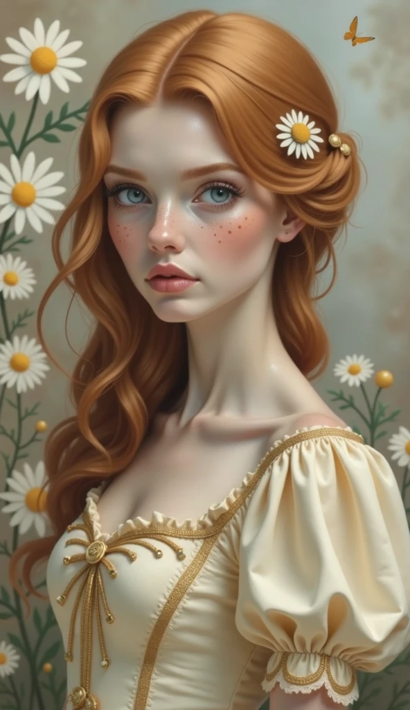 A realistic portrait of a 25 years old woman, with red hair in soft waves, light blue eyes, adorned with freckles, wearing a princess cream coloured dress with a honey coloured bodice with golden embroderies, a small golden daisy clip in the hair, a daisies fantasy wall in background, large sweet eyes, parted lips, 