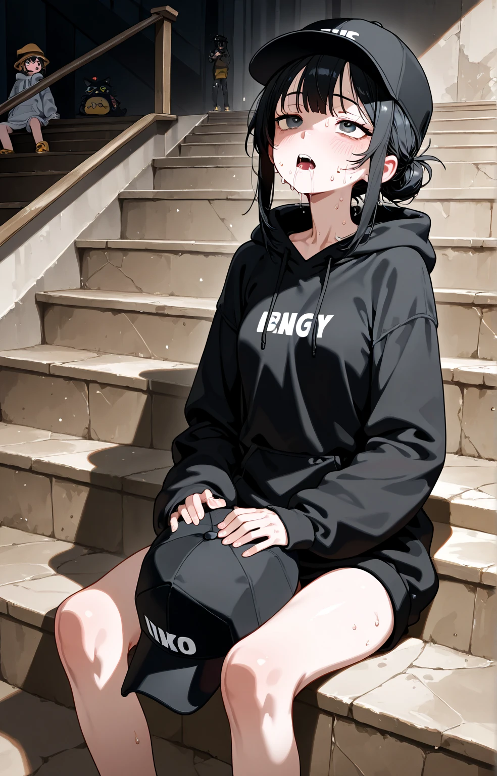 Female ??、cute、evil grin、Inside the Hotel、Sitting、
black and White hoodie、Red and black hoodie、White hoodie、(black platform boots)、black platform boots、perfect finger、
Brown Hair、Black Hair、Black Hairロング、3✕3の目、black eye、