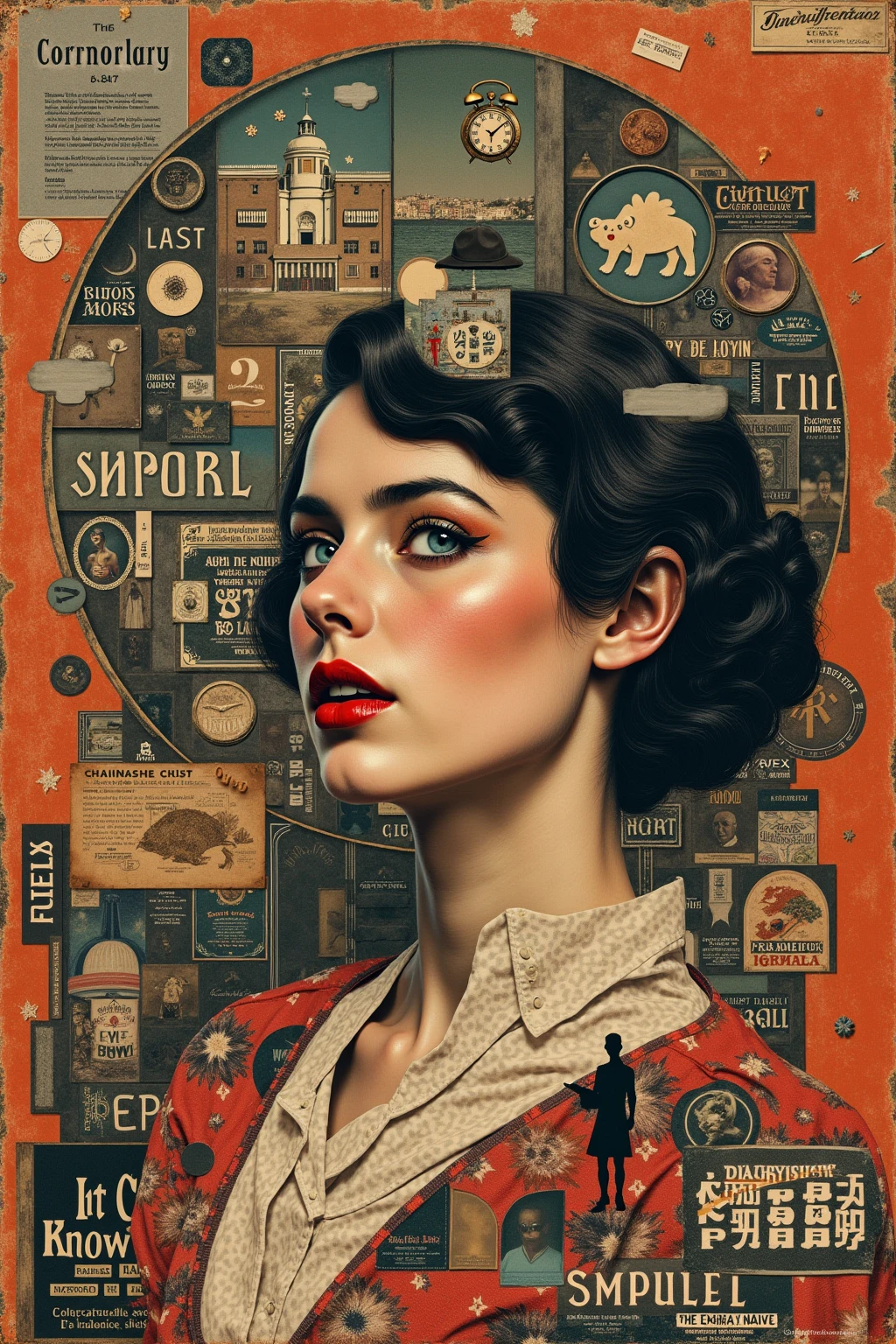  Wide angle photo, Hochwertig, 8K Ultra HD, 1920s style advertising, Waffen, Filme, Erotik, perfect contrast, Cool, retro collage snippets! Shred vintage advertising & Surreal scraps