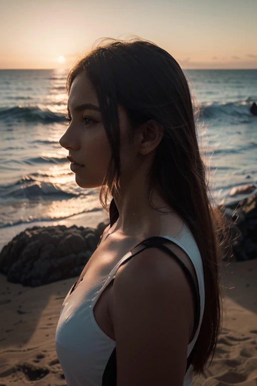 Very beautiful Slavic woman, pale skin, long light brown hair, muscular, Mystics, She wears a sports top and black wide pants, rocky seashore, Low clouds, Indigo, ((Evening)), photo, full body, sharp focus, Dynamic sex pose, Helios 44-2, Swirling bokeh, sharp focus, intricate details, highly detailed, sharp, Character portrait, perfect lighting, masterpiece, Detailed background, cinematic lighting, 8K
