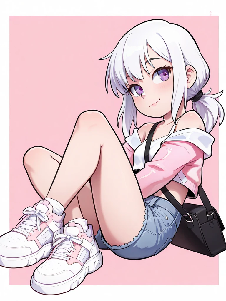 masterpiece:1.3、ultra high resolution:1.3、Beautiful woman、alone、G cup、ponytail、two tone hair、beautiful silver hair、blue eyelid body image、real moist skin、cute、smile、Drop-shoulder cropped drawstring hoodie:1.3、hat、白いshoes、shorts、outdoors、machine、summer、hand、feet、shoes