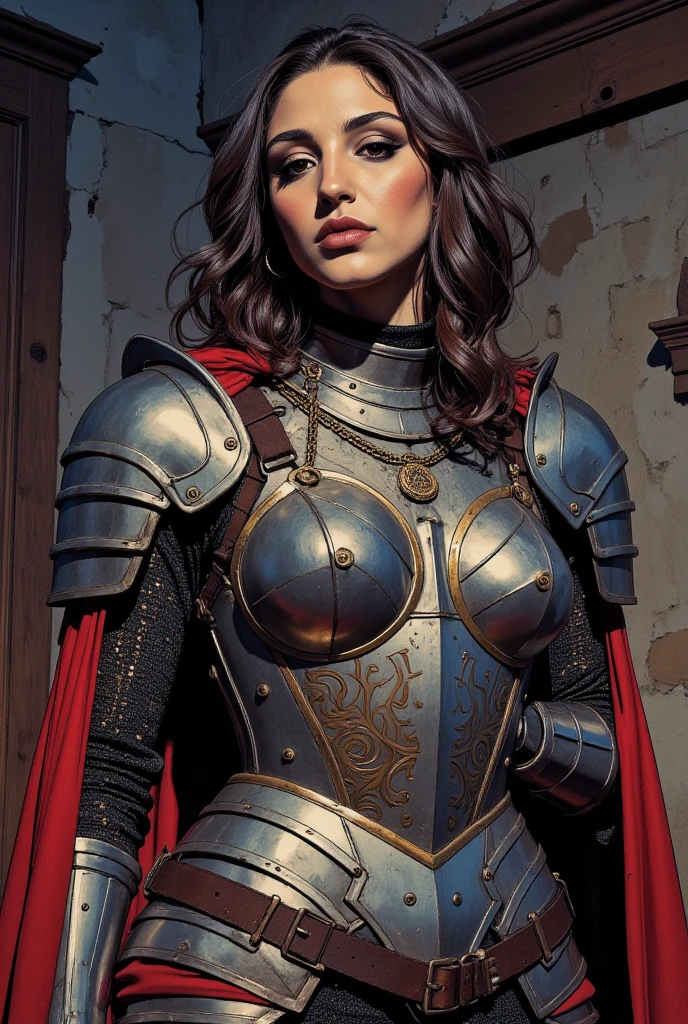 Sexy muslim female knight. Heavy medieval steel and bronze cuirass armor of a knight.. A lots of jewelry. Comic book art style. ((Sexy)). ((Big sagging breast)). ((Nudity))