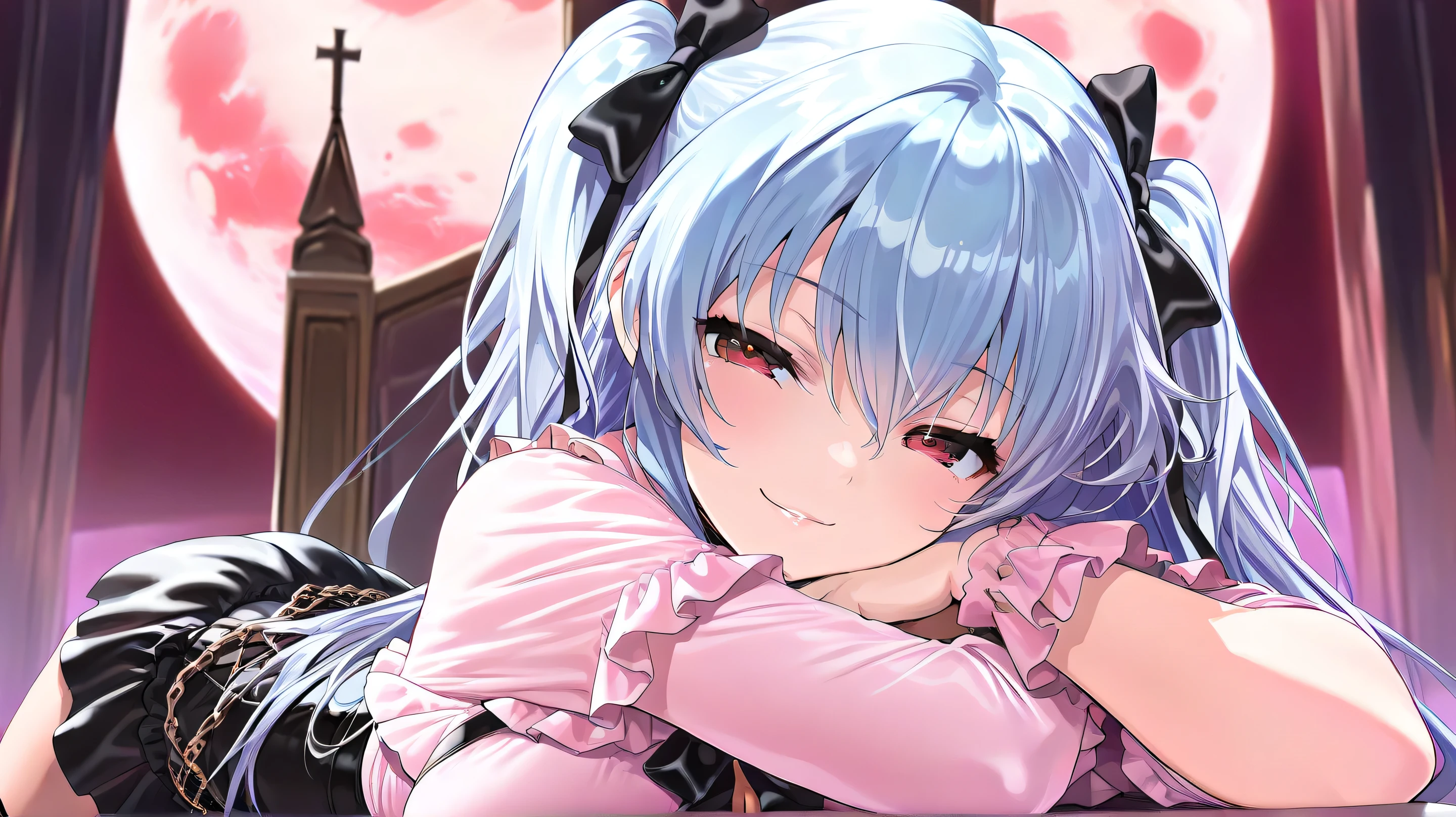 one girl、cobalt blue hair、TWO SIDE UP、Red Moon、Dark Church、Throne、big breasts、pink shirt、 black ruffle skirt、red eyes、masterpiece、top quality、not fixed、portrait, cute girls, alone, micro mini skirt, long hair, Big Breasts,Seductive Smile、(top quality,4K,8k,high resolution,masterpiece:1.2),SUPER DETAILS,intricate details, High Fashion, dramatic lighting, Warm colors, chiaroscuro
