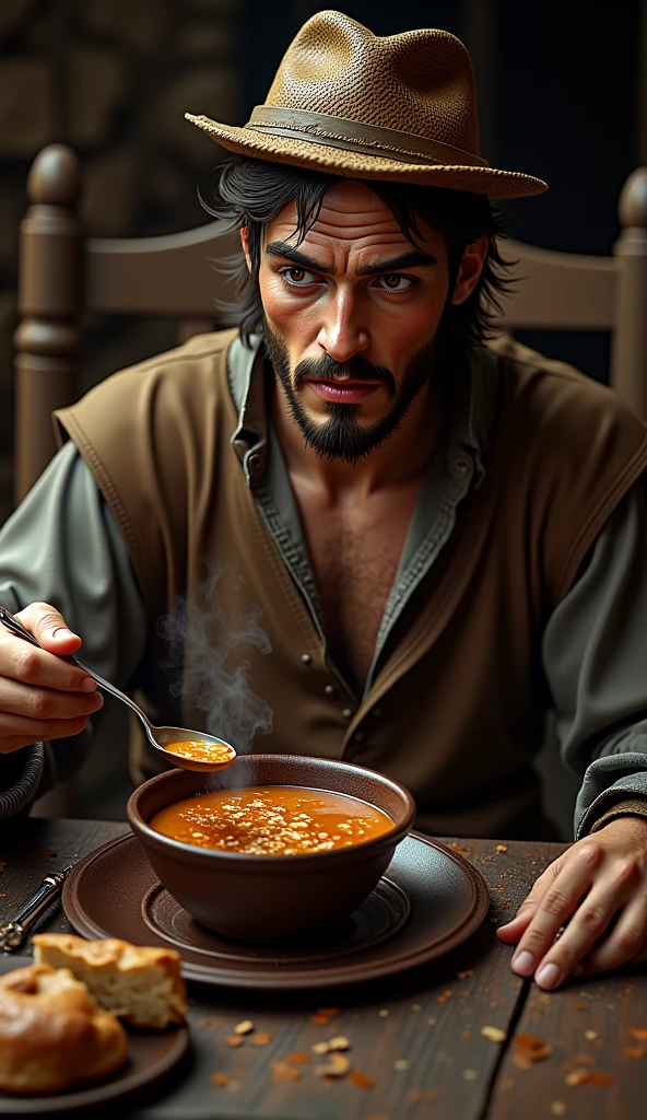 Prompt:

Create an ultra-realistic medieval scene featuring a man sitting at a rustic wooden table, holding a spoon as he eats a hearty bowl of soup. The man is dressed in a simple, worn medieval tunic, with a ruffled collar, reflecting the fashion of common folk during the medieval period. His tunic is slightly rough and faded, and he wears a straw hat, indicative of a laborer or farmer.

The man’s facial features should be finely detailed, with expressive eyes showing a hint of curiosity or surprise as he looks at the spoon filled with soup. His eyebrows should be thick, with a slightly furrowed expression. His nose should be broad and slightly crooked, with visible skin texture. His mouth is slightly open, preparing to take the bite of soup, with subtle details in his lips. His hair is unkempt and messy, matching the rustic look of the time.

The soup should appear rustic and hearty, with visible grains or vegetables floating inside the bowl. The bowl itself should be made from simple ceramic or wood, with a handcrafted look and visible imperfections. The soup should be steaming, adding a sense of warmth and comfort to the scene.

On the table, there should be a second plate with a rustic pastry or pie, partially cut, with layers of crispy crust visible. A knife rests on the edge of the plate, reflecting the practical and simple nature of the meal. The table should appear worn and rustic, with visible wood grain, and possibly some crumbs or other small details that add to the authenticity of the scene.

The background should evoke a medieval interior, with stone or wooden walls and perhaps a simple wooden chair behind him. The lighting should be soft and warm, possibly coming from a nearby hearth or candle, casting gentle shadows over the man’s face and the items on the table.

Every detail, from the textures of the man’s clothing and facial features, the rustic soup and pastry, to the simple wooden table and soft lighting, should be rendered with photorealistic 