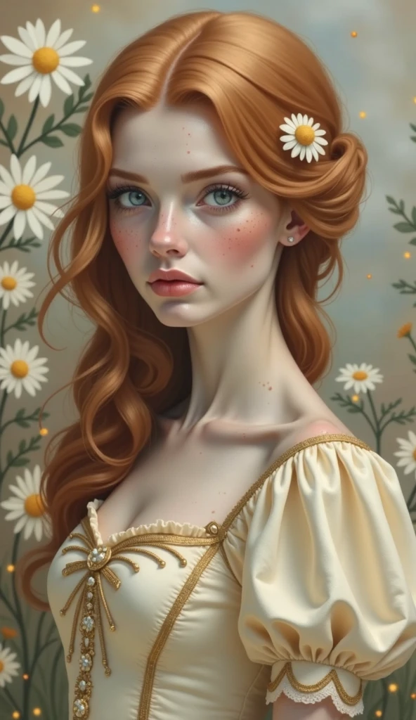 A realistic portrait of a 25 years old woman, with red hair in soft waves, light blue eyes, adorned with freckles, wearing a princess cream coloured dress with a honey coloured bodice with golden embroderies, a small golden daisy clip in the hair, a daisies fantasy wall in background, large sweet eyes, parted lips, 