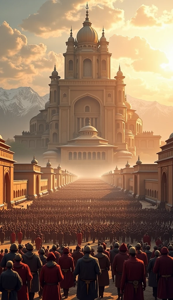 "A grand, powerful scene of the Kyrgyz Khaganate at its peak, with an army of 100,000 warriors standing in perfect formation before the towering palace of the Khagan. These warriors, in traditional Kyrgyz armor and attire — fur-lined chapans and tall white ak kalpaks (traditional Kyrgyz hats) — are ready for battle, their banners waving in the wind. Behind them, the immense palace of the Khagan rises, surrounded by the bustling city and vast settlement, home to the 1 million people of the Khaganate. The scene shows the power and unity of the people, with streets full of citizens, merchants, and nomads. The backdrop is a breathtaking steppe, extending toward snow-capped mountains, symbolizing the expanse of the empire. The golden glow of the setting sun highlights the might and prosperity of the Kyrgyz Khaganate."