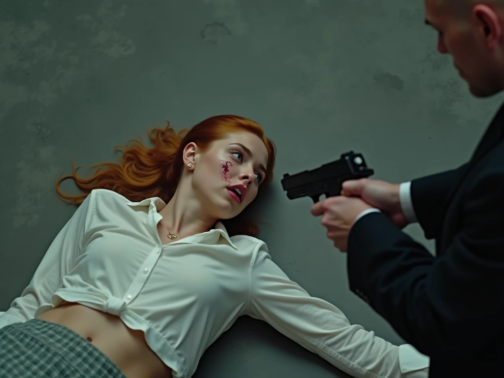 Hermione granger is lying on the ground with her shirt lifted, exposing her bare abdomen.
A pale, vampiric figure is pressing its palm firmly against Hermione's abdomen, applying pressure. The scene focuses on the contact between the figure's hand and Hermione's exposed belly.