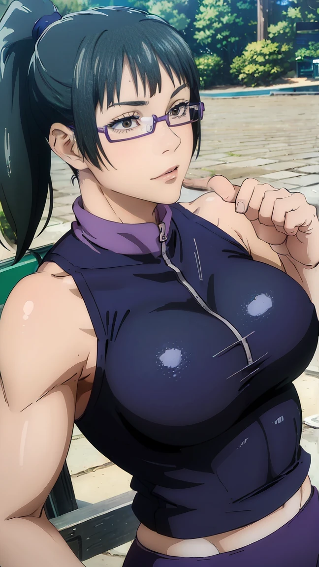 (melhor qualidade:1.3), (qualidade 4K), Maki Zenin by jujutsu no kaisen, ((detailed face)),((smile)), ((curvy body)), (peitos grandes), sexy, (( ponytail hair)), ((body suit clivagem, sleeveless)), ((city)), arms up, armpits visible, wearing glasses