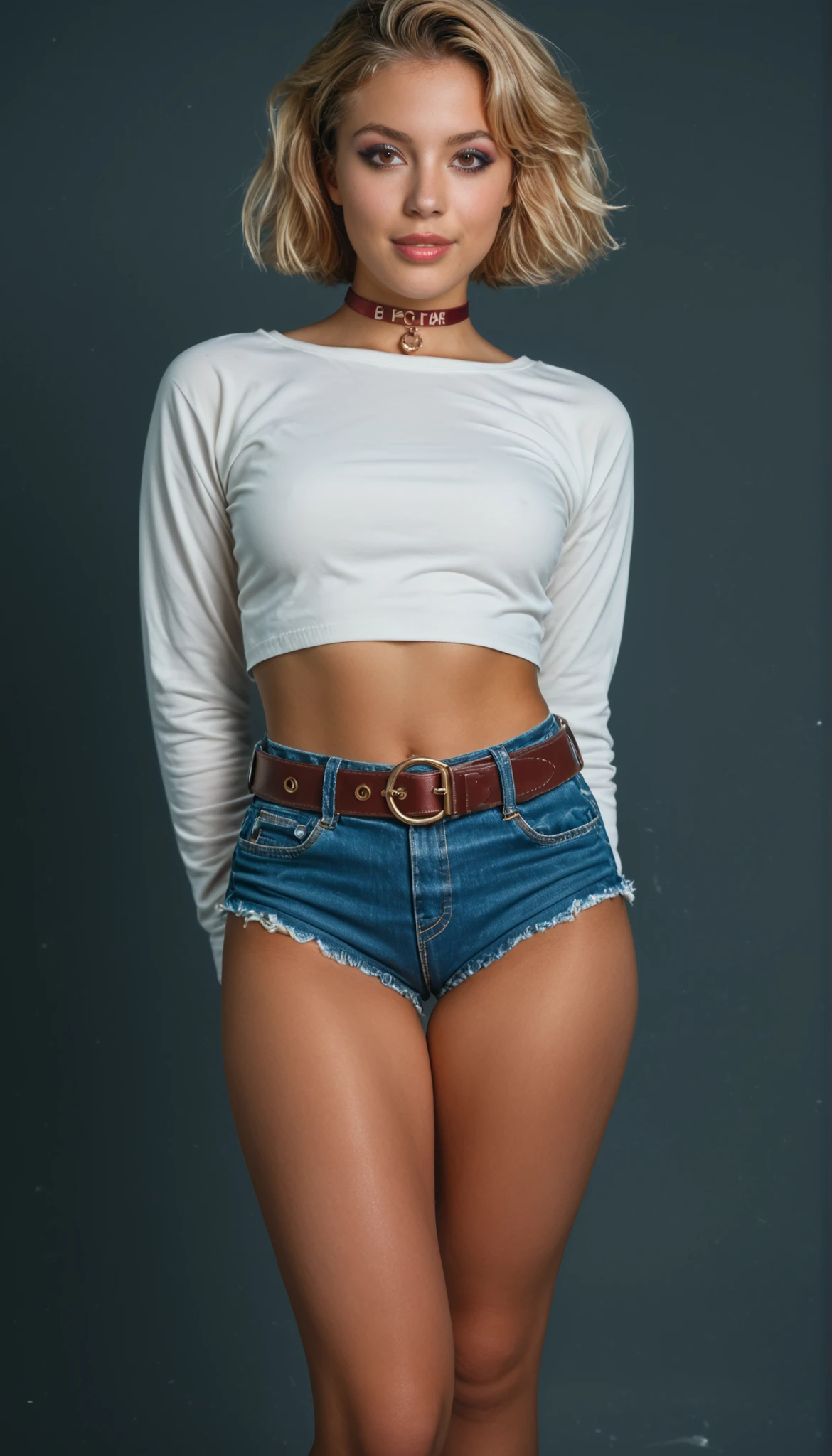 dark-skinned blonde girl, model, italian face type, very tanned, perfect cute features, brown eyes, dimples, summer makeup, short blonde hair, bob hairstyle with straight bangs, bangs are a must, sexy figure, hands behind her back, punished, slave choker, girl wears cropped pink blouse with long sleeves and very short denim micro-shorts with a belt, shorts completely expose legs, long slender tanned legs, girl posing flirtatiously, too hot summer, hot summer outfit. daisy dukes style, american hollywood style, 80s vibe, miami vice, hyperrealism, bright colors, studio photoshoot