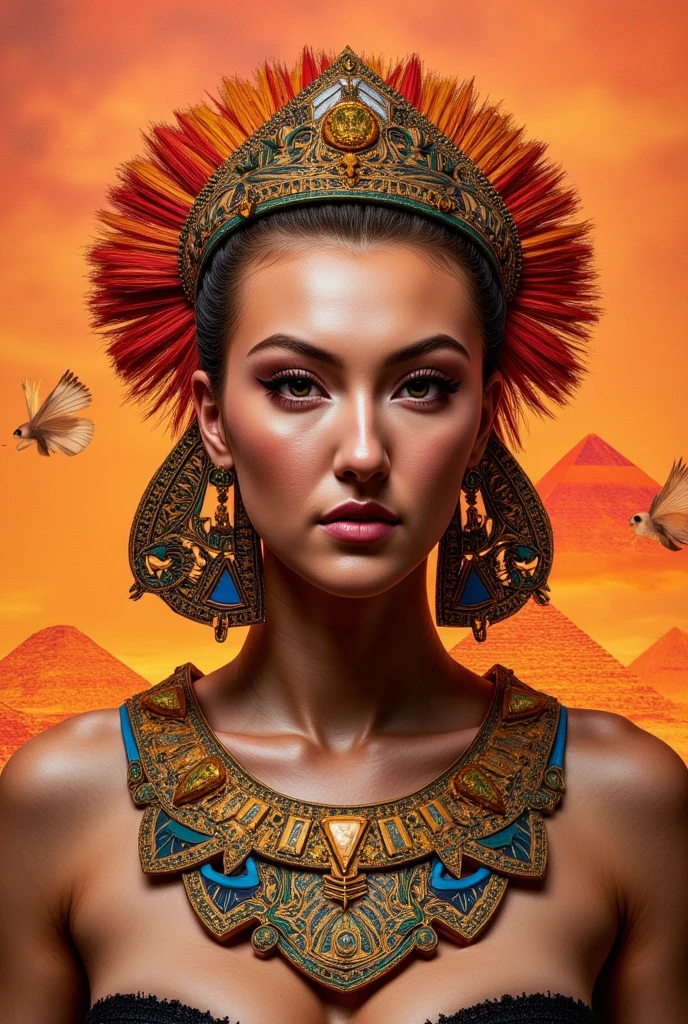 A striking, aerial portrait of a woman dressed in vibrant and artistic fashion inspired by ancient Egyptian culture. She wears exquisite jewelry, including broad earrings and an imposing necklace, while her makeup features bold geometric patterns, reflecting Egyptian artistic heritage. The background is an exploding blend of warm colors like orange and red, blending harmoniously with iconic images like pyramids and hieroglyphs that seem to cascade from its silhouette, creating a harmonious fusion of humanity and culture. The overall composition is both majestic and mystical, showcasing the beauty of ancient influences in a contemporary style. 4k realistic.