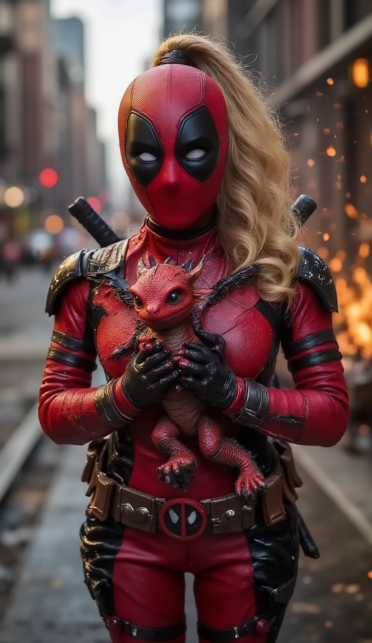 (best quality, 128k,highres,masterpiece:1.2),ultra-detailed,(realistic,photorealistic,photo-realistic:1.37), ((masterpiece)) ((photography)) ((Highest quality)) Lady Deadpool holding a cute baby dragon in her arms, both striking a heroic and slightly chaotic pose. The baby dragon has big eyes, tiny wings, and is trying to breathe a little puff of fire. Lady Deadpool looks amused behind her mask, standing in a post-apocalyptic urban setting with glowing embers and comic-style effects. Dynamic lighting, humorous and epic atmosphere, vibrant colors, cinematic composition.