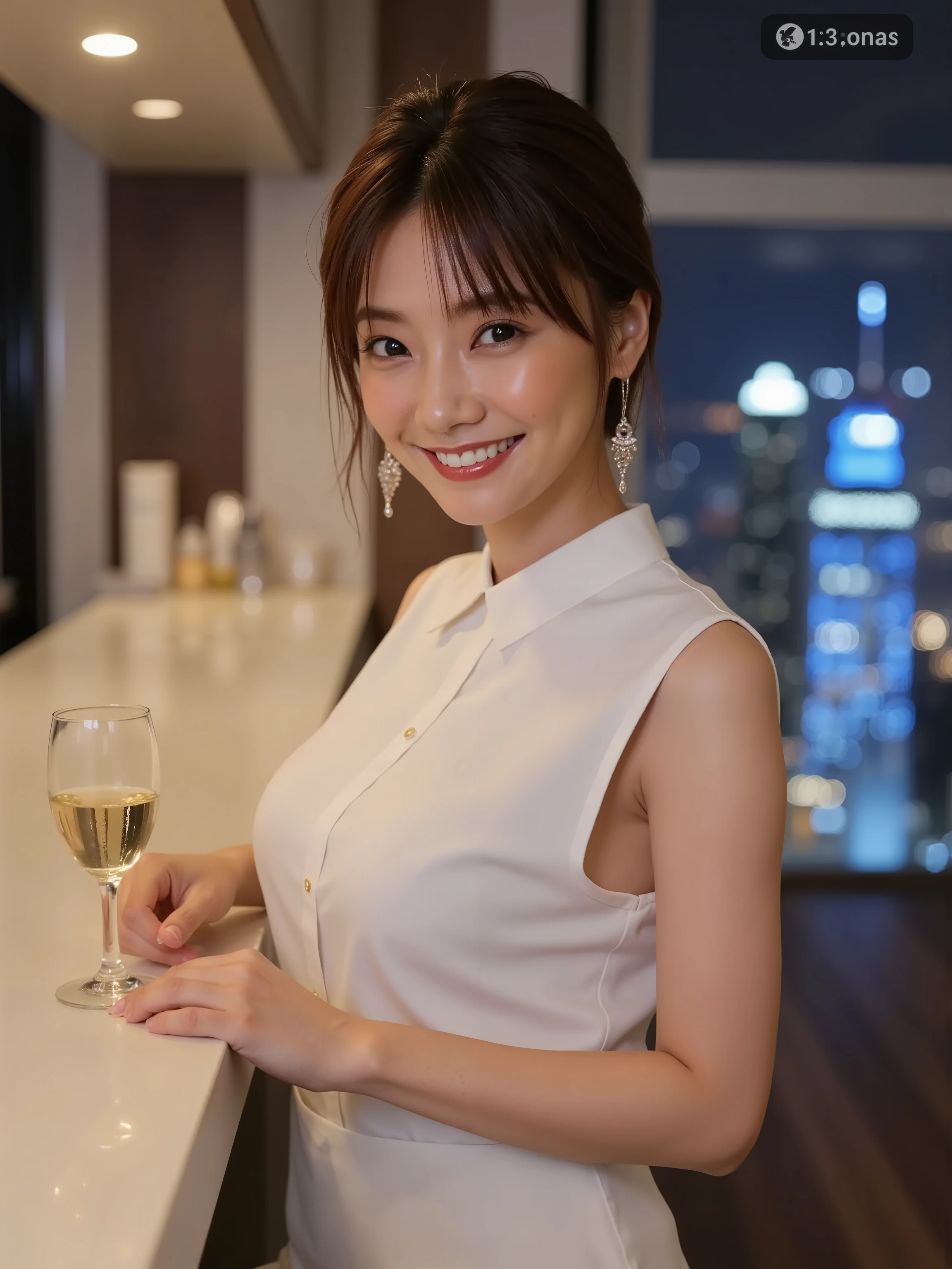 (8k, top quality, Genuine, Ultra High Resolution :1.5),beautiful Japanese woman, ((cute smile)),18 years old,(up hair), (collared sleeveless shirt),skirt、Dangling Earrings、 Close-up shot of the side, full body closeup shot、Drinking champagne while sitting at a bar counter with a night view of a skyscraper