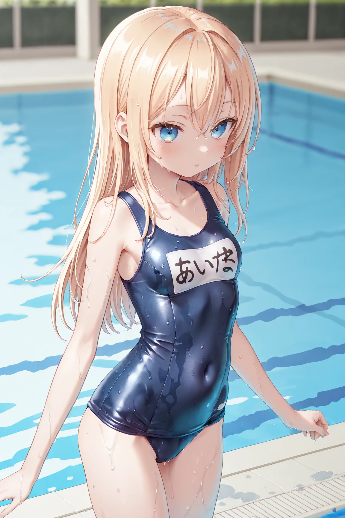 (NSFW:1.1), masterpiece, Highest quality, Ultra-high resolution, Highest Resolution, Very detailed, cowboy shot, very cute, Complete limbs, Shining Eyes, Full Finger, Slender beauty, Blonde Bun Hair, Embarrassed look, Writhing expression, school swimsuit, Glowing Skin, pool, Bubble, Wind