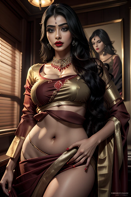 (best quality,4k,8k,highres,masterpiece:1.2),ultra-detailed,(realistic,photorealistic,photo-realistic:1.37),Dolby Vision,museum grade,oil painting,hyperrealistic,intricate details,ornate frame,chiaroscuro lighting,warm color palette,dramatic contrasts,exquisite brushstrokes,classical indian painting,Raja Ravi Varma style,opulent decor,regal and dignified figure,elegant pose,thoughtful expression,revealing, oiled skin,attention to costume and jewelry