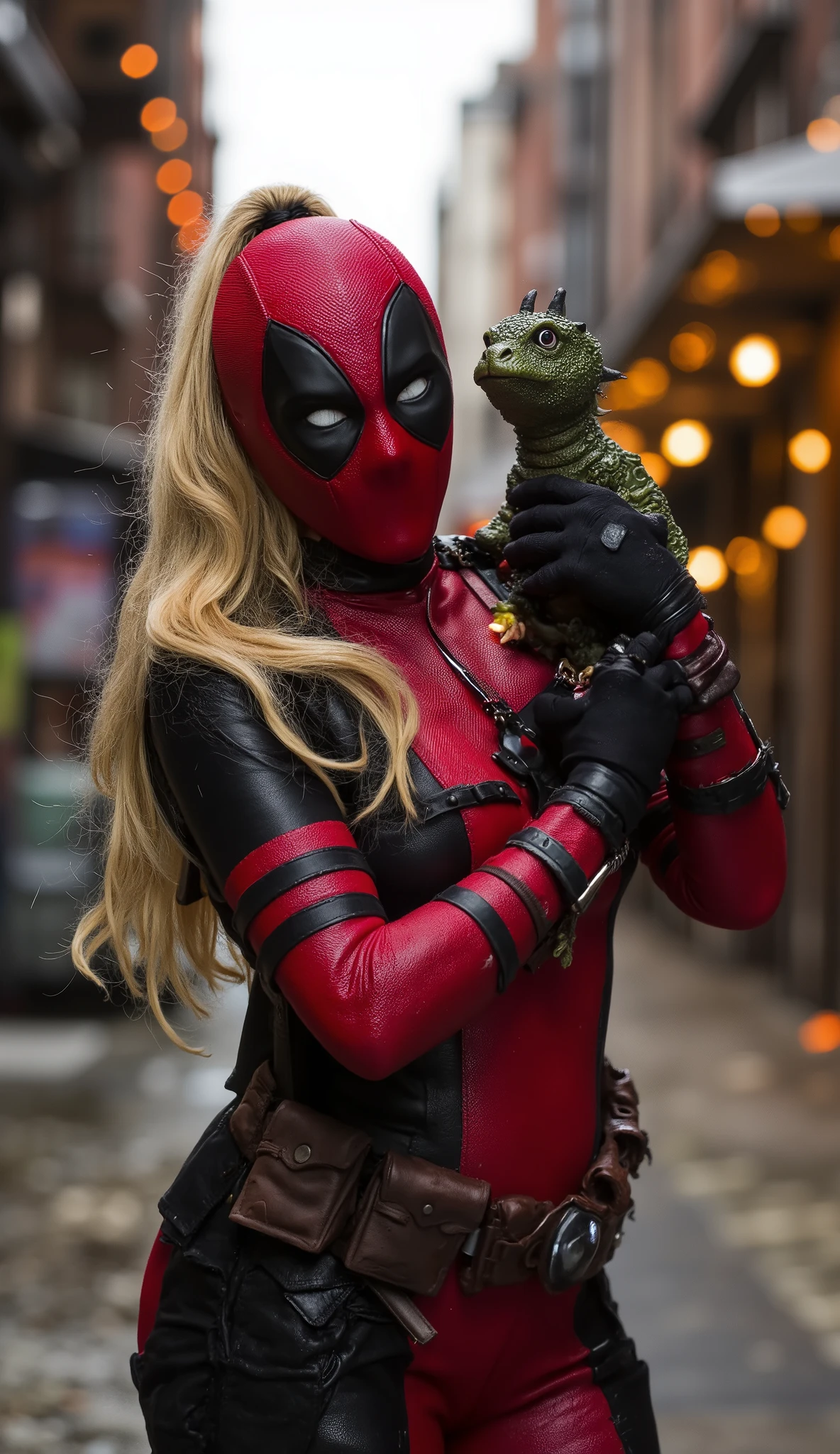 (best quality, 128k,highres,masterpiece:1.2),ultra-detailed,(realistic,photorealistic,photo-realistic:1.37), ((masterpiece)) ((photography)) ((Highest quality)) Lady Deadpool holding a cute baby dragon in her arms, both striking a heroic and slightly chaotic pose. The baby dragon has big eyes, tiny wings, and is trying to breathe a little puff of fire. Lady Deadpool looks amused behind her mask, standing in a post-apocalyptic urban setting with glowing embers and comic-style effects. Dynamic lighting, humorous and epic atmosphere, vibrant colors, cinematic composition.